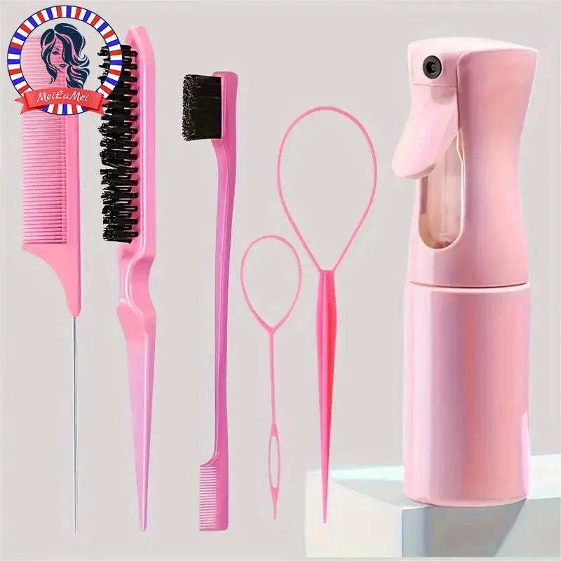 6PCS Hair Styling Brush Set with Spray Bottle, Rat Tail Comb & Edge Brush