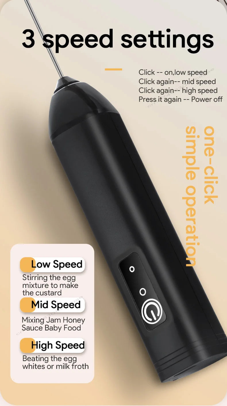 USB Rechargeable 3-Speed Handheld Milk Frother & Egg Beater