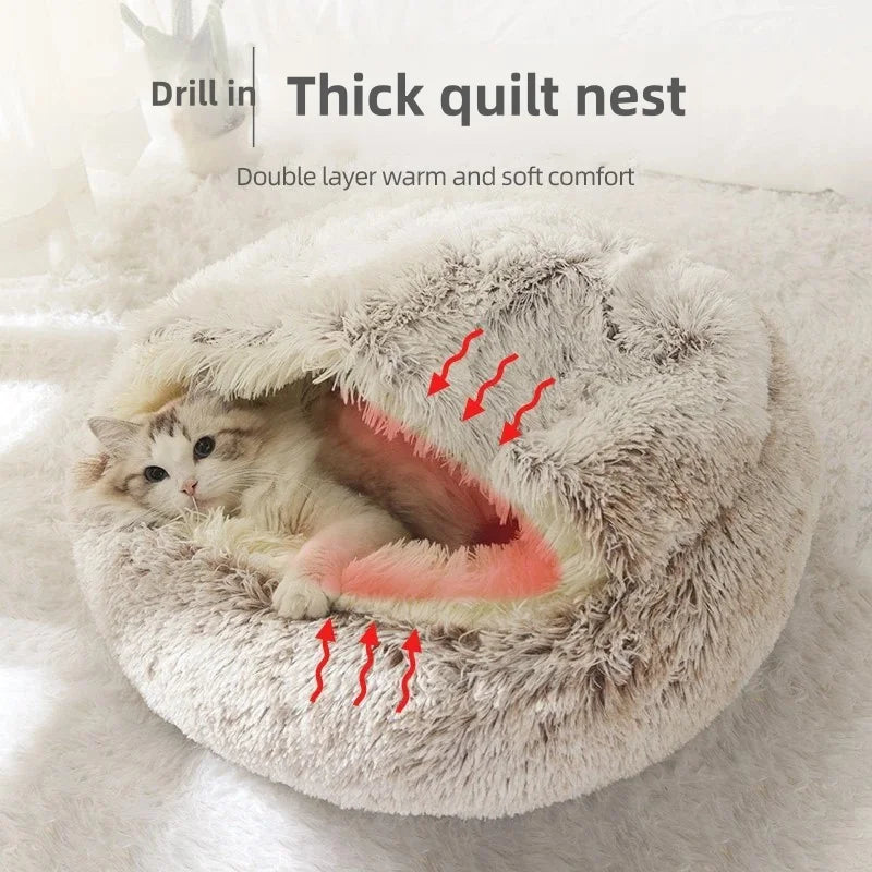 Autumn Winter Soft Plush Pet Bed — Semi-Enclosed Cat Nest | Warm Comforter Shell Cat House | Cozy Kitten & Small Dog Sleeping Nest