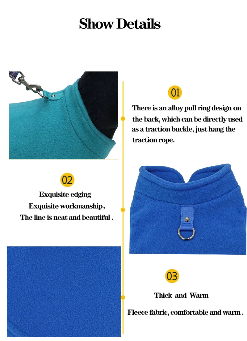 Warm Fleece Dog Jacket Vest With D-Ring | Pet Clothes For Small Dogs & Cats | French Bulldog Chihuahua Coat