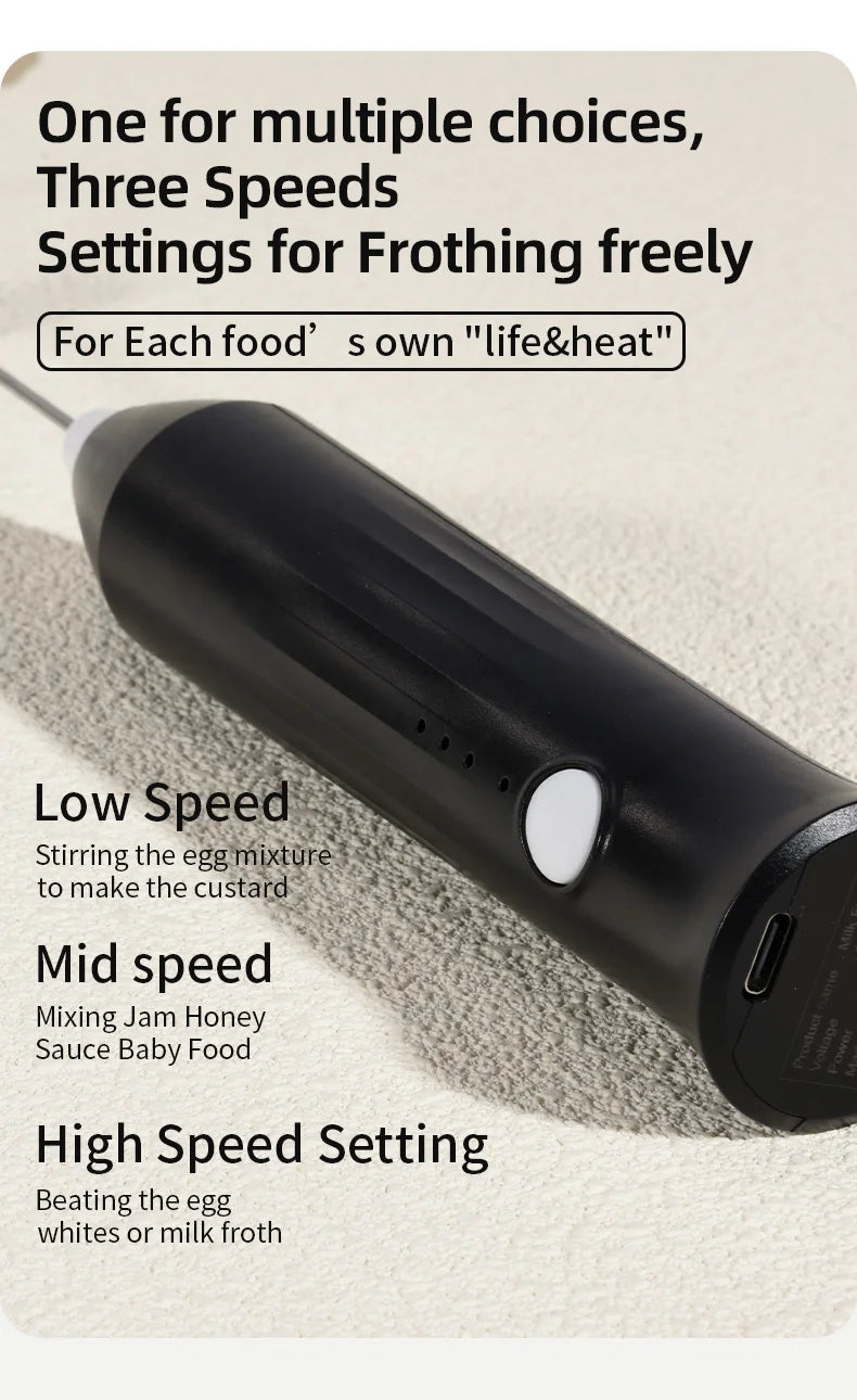 USB Rechargeable 3-Speed Handheld Milk Frother & Egg Beater