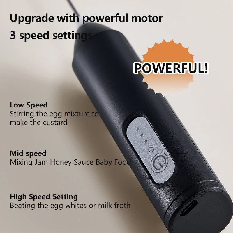 USB Rechargeable 3-Speed Handheld Milk Frother & Egg Beater