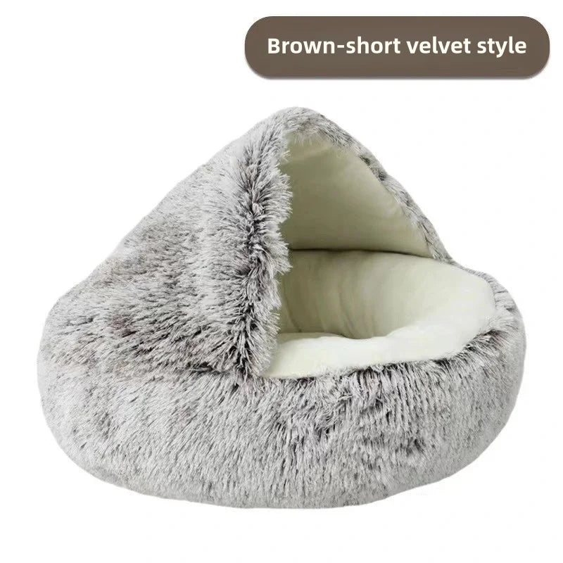 Autumn Winter Soft Plush Pet Bed — Semi-Enclosed Cat Nest | Warm Comforter Shell Cat House | Cozy Kitten & Small Dog Sleeping Nest