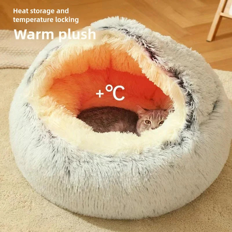 Autumn Winter Soft Plush Pet Bed — Semi-Enclosed Cat Nest | Warm Comforter Shell Cat House | Cozy Kitten & Small Dog Sleeping Nest