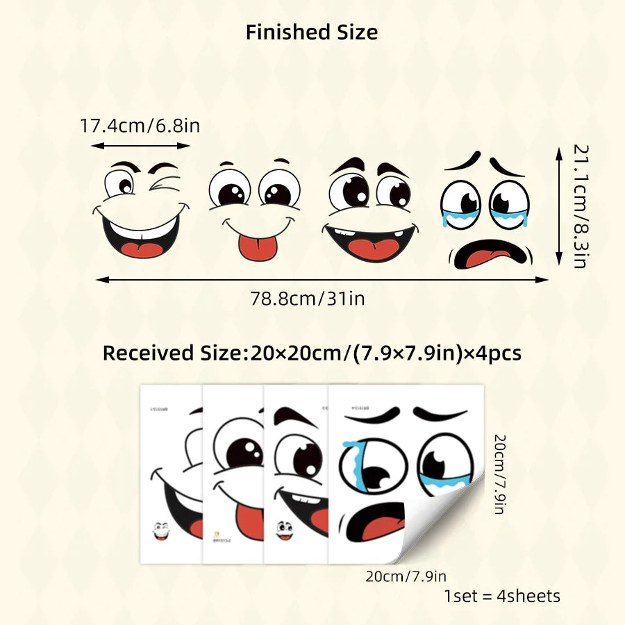 4-Sheet Cartoon Face Sticker Set for Trash Can, Toilet & Home Decor