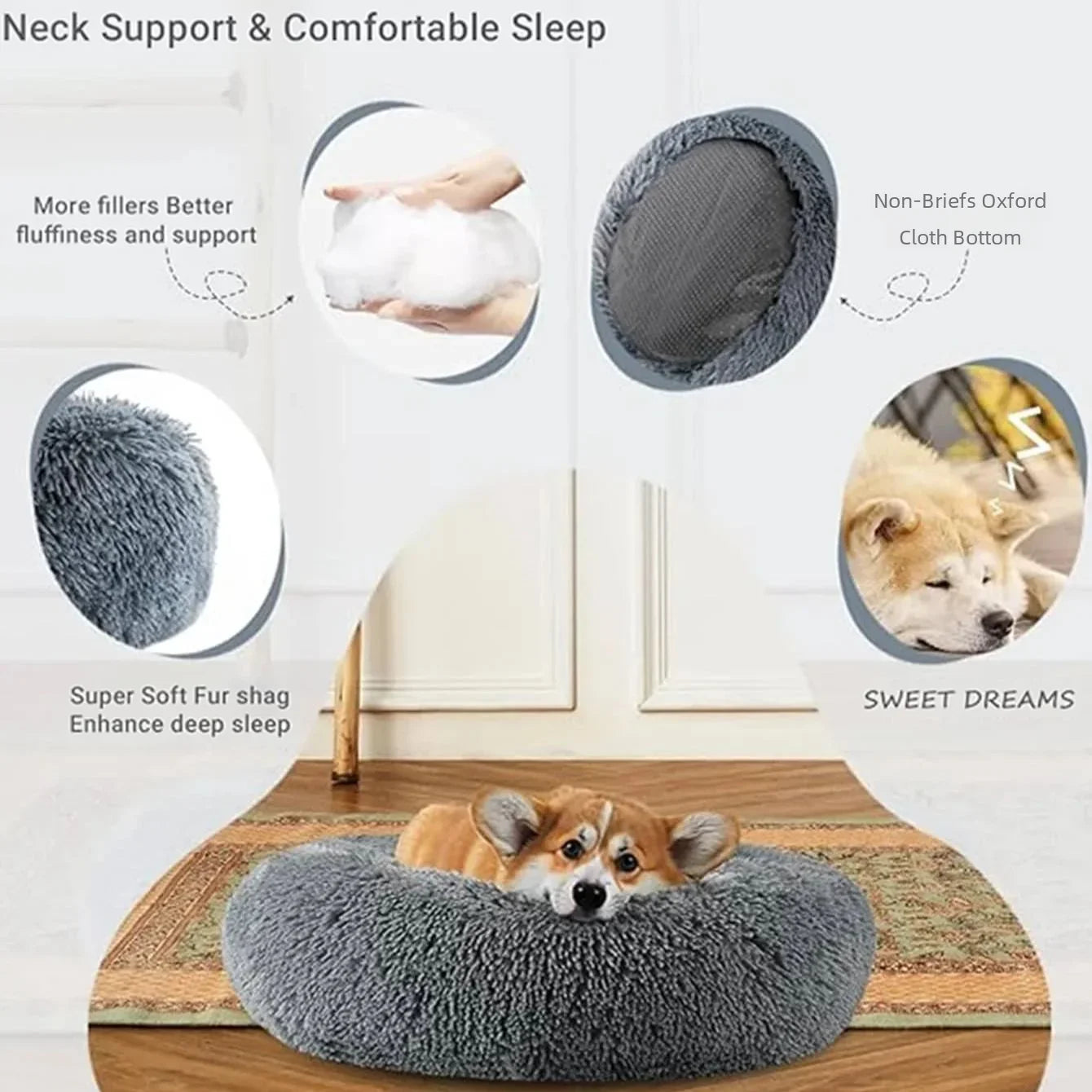 40-90CM Round Plush Pet Bed for Dogs & Cats, Soft Warm Sleeping Bed in 6 Sizes