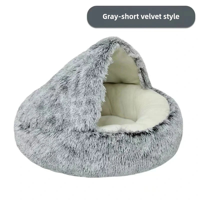 Autumn Winter Soft Plush Pet Bed — Semi-Enclosed Cat Nest | Warm Comforter Shell Cat House | Cozy Kitten & Small Dog Sleeping Nest