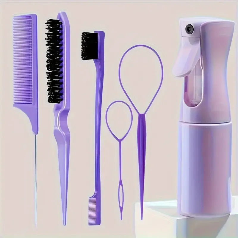 6PCS Hair Styling Brush Set with Spray Bottle, Rat Tail Comb & Edge Brush