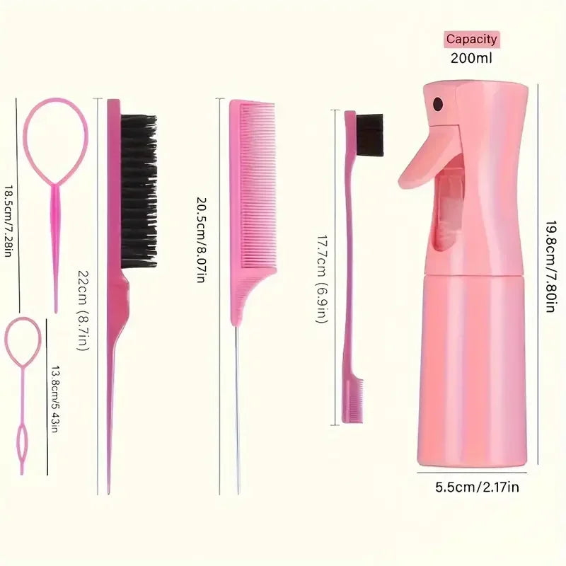 6PCS Hair Styling Brush Set with Spray Bottle, Rat Tail Comb & Edge Brush