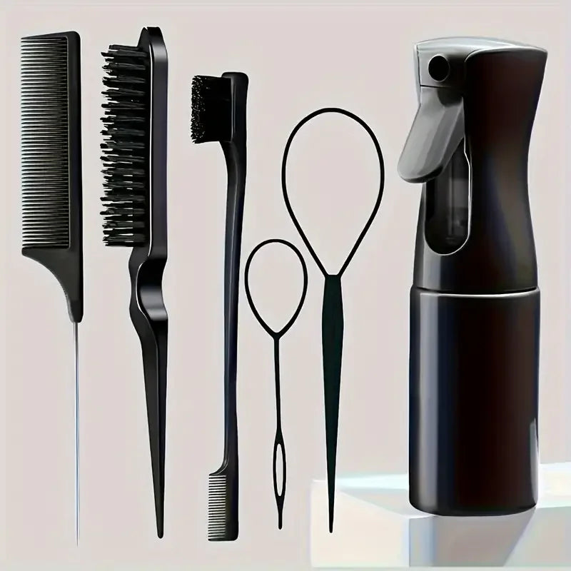 6PCS Hair Styling Brush Set with Spray Bottle, Rat Tail Comb & Edge Brush