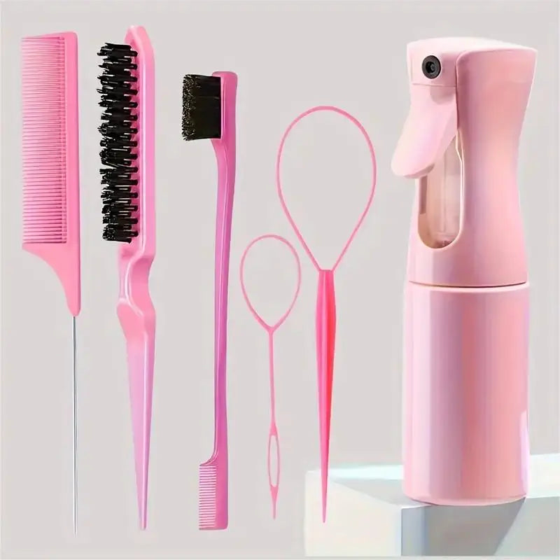 6PCS Hair Styling Brush Set with Spray Bottle, Rat Tail Comb & Edge Brush