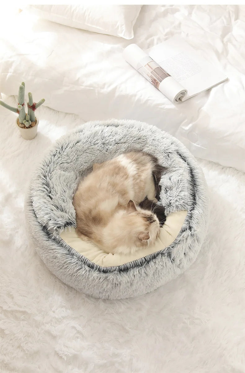 Autumn Winter Soft Plush Pet Bed — Semi-Enclosed Cat Nest | Warm Comforter Shell Cat House | Cozy Kitten & Small Dog Sleeping Nest