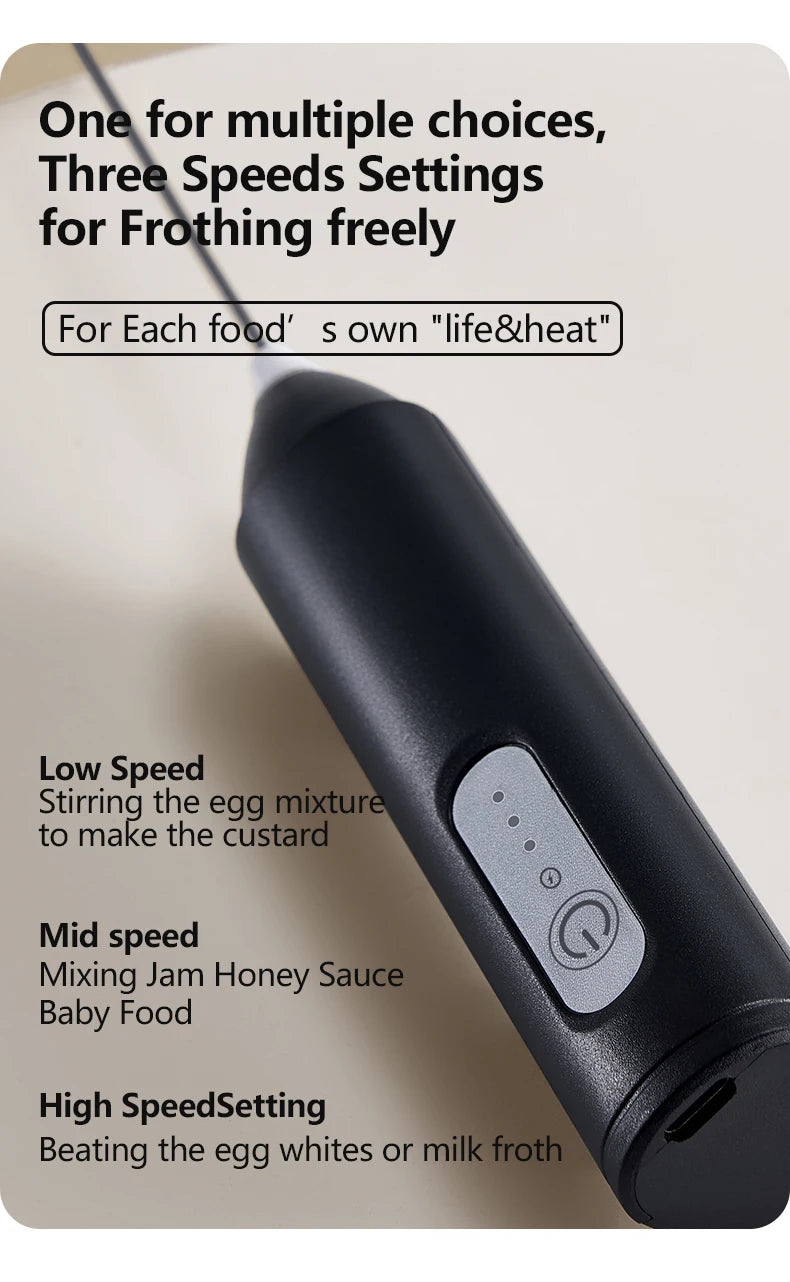 USB Rechargeable 3-Speed Handheld Milk Frother & Egg Beater